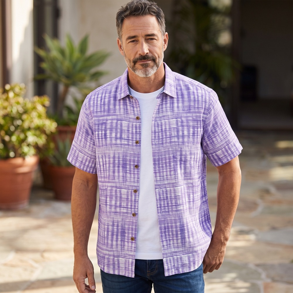 Tommy Bahama Men Large Purple Abstract Ikat Print Short Sleeve Button Down Shirt
